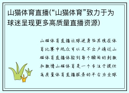 山猫体育直播(“山猫体育”致力于为球迷呈现更多高质量直播资源)